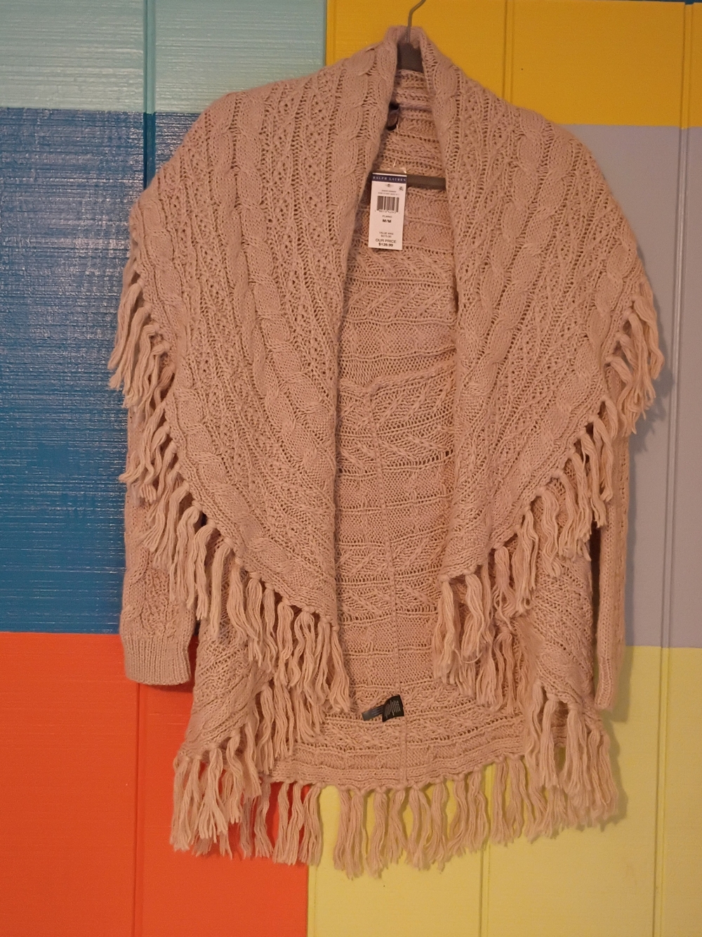 Ralph Lauren Beige Cable Knit Fringe Shawl Cardigan